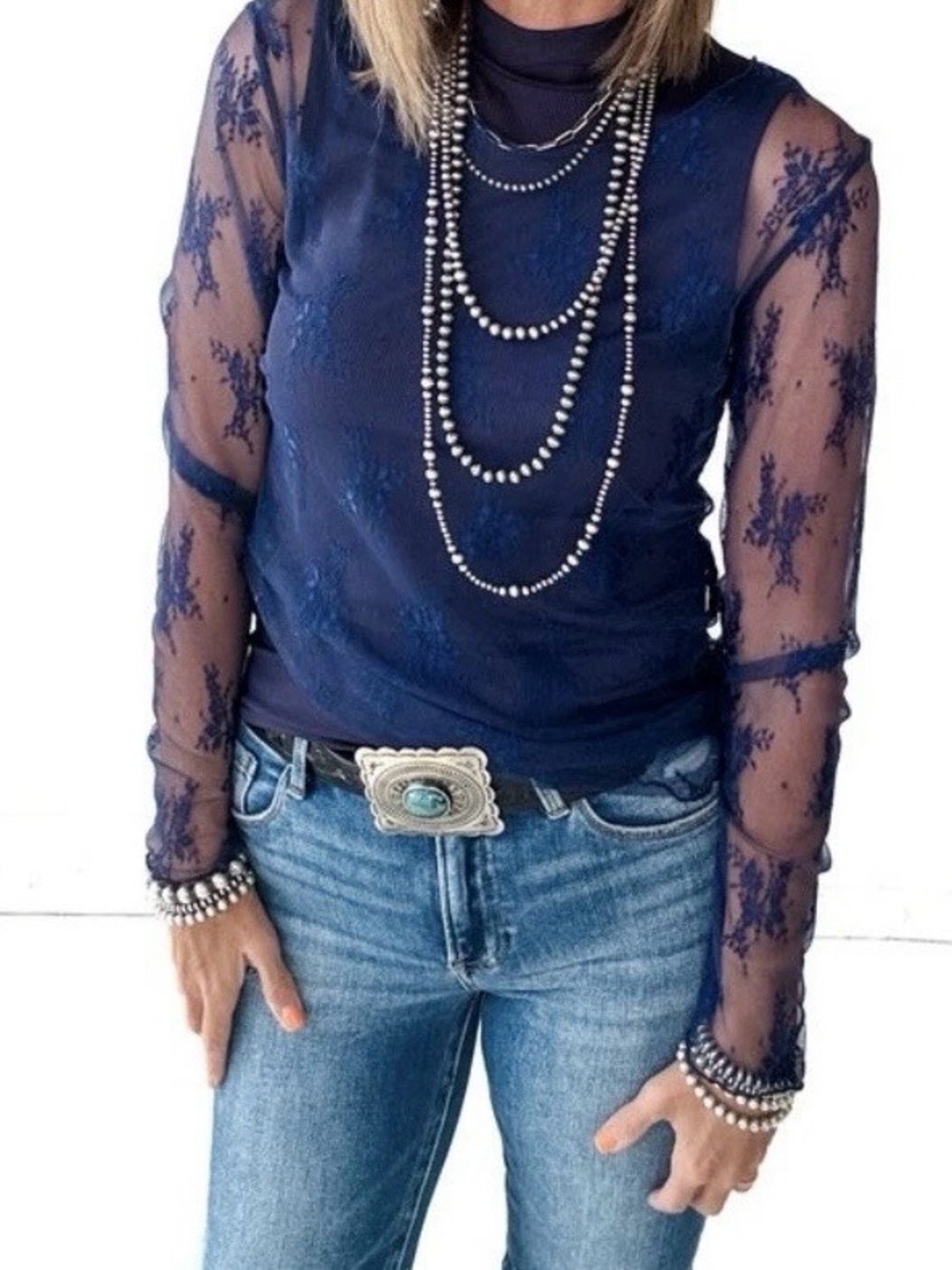 Women's western lace mesh top, navy, NWT